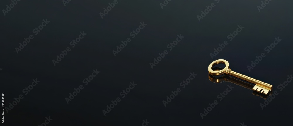 Golden Key Reflecting on Dark Surface with Smooth Finish Golden Key Reflecting on Dark Surface with Smooth Finish