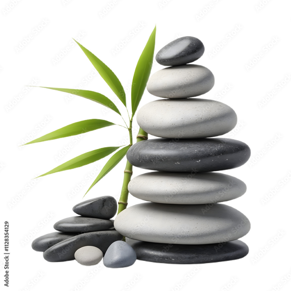 Balanced Stones with Bamboo Leaves Isolated on White Background Balanced Stones with Bamboo Leaves Isolated on White Background