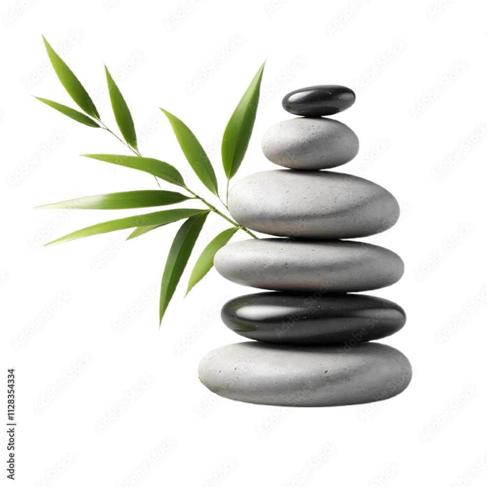 Balanced Stones with Bamboo Leaves Isolated on White Background Balanced Stones with Bamboo Leaves Isolated on White Background