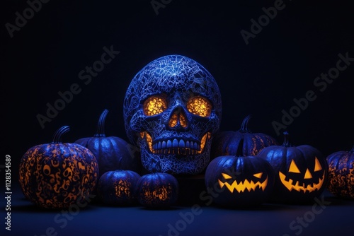 spooky halloween decorations with carved pumpkins and a skull photo