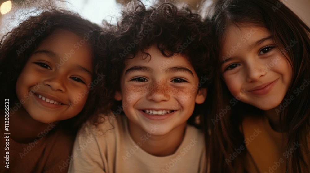 Closeup of three children, a white boy with a bright smile and curly hair, a South Asian girl with a joyful expression and medium-length hair Closeup of three children, a white boy with a bright smile and curly hair, a South Asian girl with a joyful expression and medium-length hair