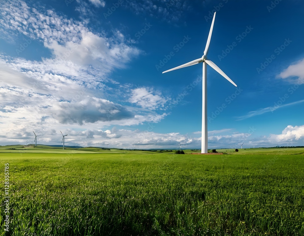A wind turbine standing tall in a vast green field under a bright blue sky with scattered white clouds, clean energy concept. A wind turbine standing tall in a vast green field under a bright blue sky with scattered white clouds, clean energy concept.