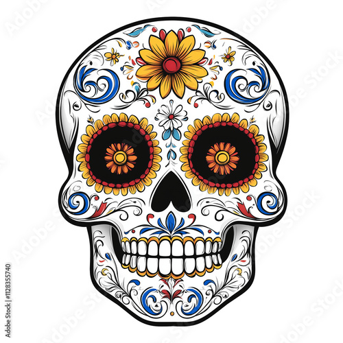 Colorful Day of the Dead Sugar Skull with Floral Design Isolated on Transparent Background
