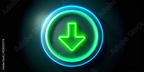 Neon Green Download Button, Arrow Symbol, Flat Design, Sky Blue Light, Digital Art, Abstract Background