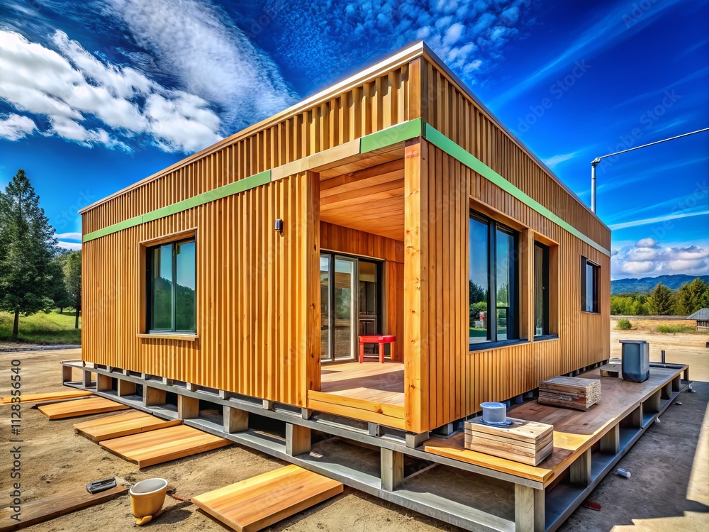 Fototapeta premium Modern Prefabricated Wooden Modular Home: Macro Photography of Construction Details