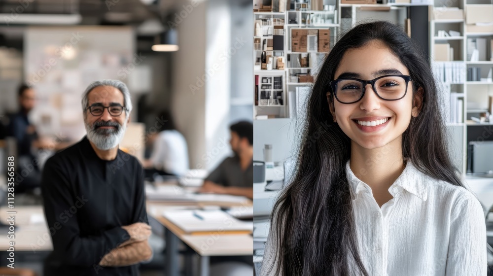 A collection of portrait photos of Middle Eastern architects, from teens to seniors, smiling in sleek office spaces