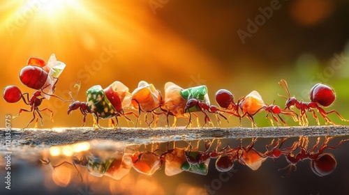 Colorful Ants Carrying Leaves in Sunlight