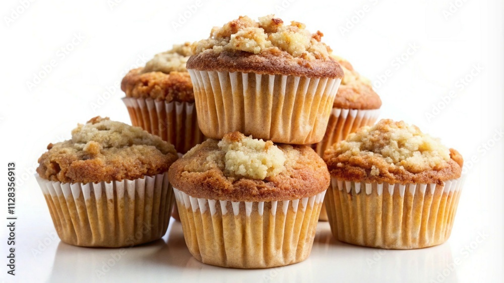 Stack of cinnamon streusel muffins on white background, topped with crumbly brown sugar topping. Stack of cinnamon streusel muffins on white background, topped with crumbly brown sugar topping.