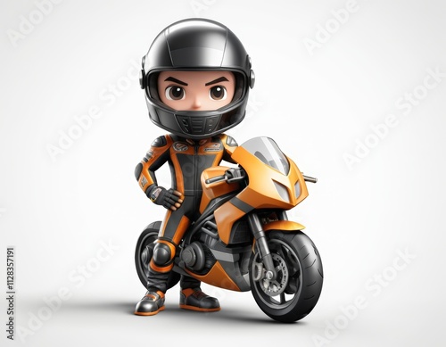 Small biker by orange motorbike. Suitable for motorcyclethemed designs, adventure publications, and outdoor sports promotions. Perfect for biking enthusiasts. photo