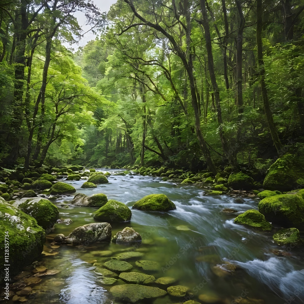 Lush Green Forest with Flowing Stream, Serene River in a Mossy Woodland, Peaceful Nature Scene with Clear Water and Greenery Lush Green Forest with Flowing Stream, Serene River in a Mossy Woodland, Peaceful Nature Scene with Clear Water and Greenery
