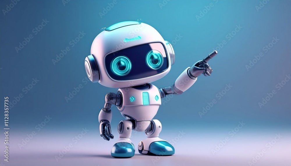 A friendly, futuristic robot with large eyes points, showcasing a sleek design and vibrant colors against a soft background. A friendly, futuristic robot with large eyes points, showcasing a sleek design and vibrant colors against a soft background.