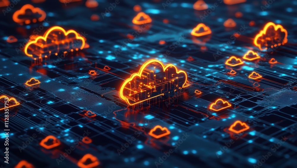 Futuristic Cloud Computing Concept with Neon Cloud Icons on a Digital Circuit Board, Representing Modern Data Storage and Processing Technologies Futuristic Cloud Computing Concept with Neon Cloud Icons on a Digital Circuit Board, Representing Modern Data Storage and Processing Technologies