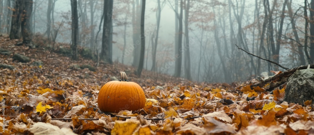 pumpkin in a foggy forest during autumn pumpkin in a foggy forest during autumn