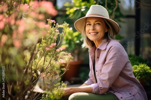 Portrait of smiling mature woman in hat looking at camera while sitting in garden