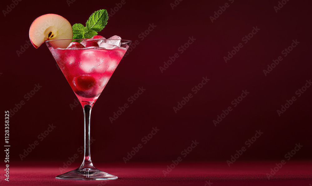 Elegant Red Cocktail with Apple and Mint Garnish in a Sparking Glass Against a Rich Red Background Elegant Red Cocktail with Apple and Mint Garnish in a Sparking Glass Against a Rich Red Background