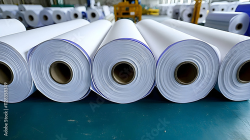 Industrial Paper Rolls,  A Close-Up View of Large, White Paper Rolls Prepared for Printing and Packaging, Ready for Distribution photo