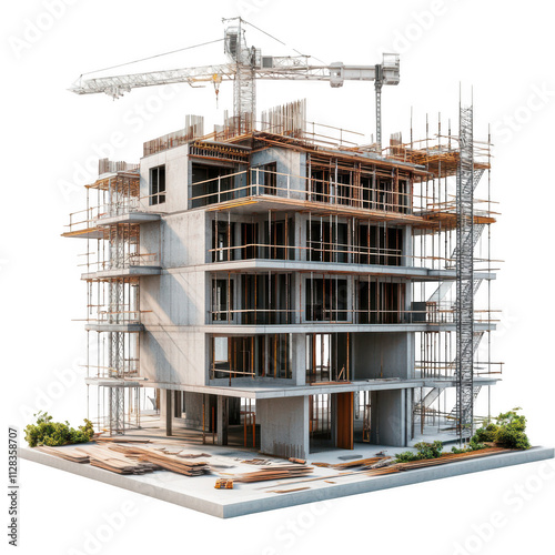 3D rendering of a construction site with a building under construction, on transparent background