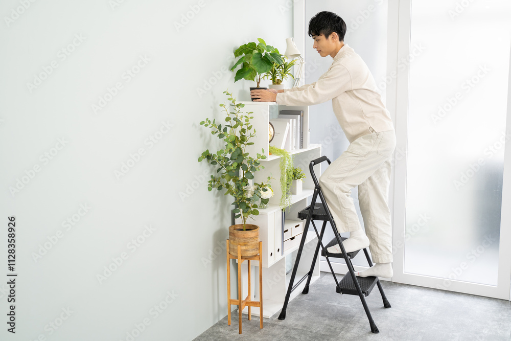 観葉植物を飾り付けるアジア人男性 観葉植物を飾り付けるアジア人男性
