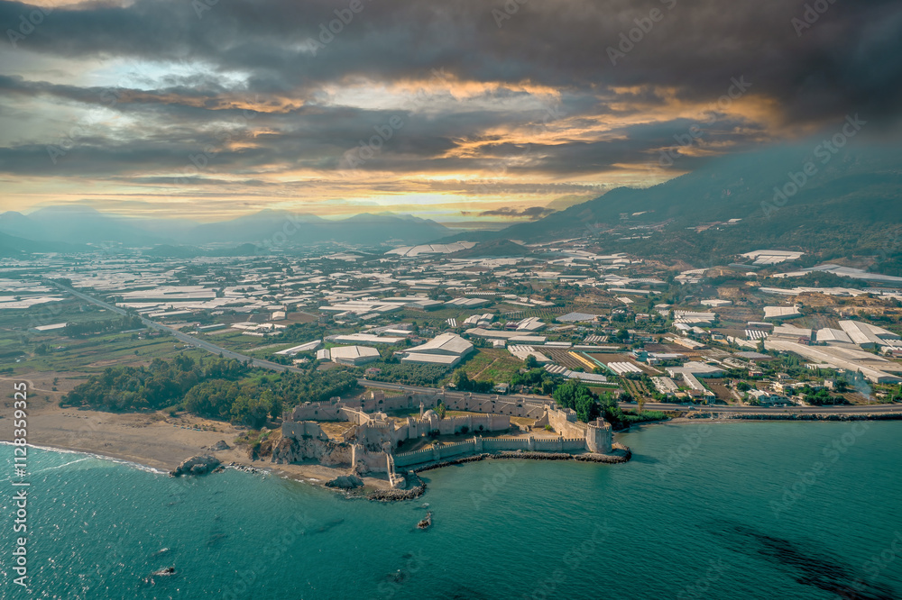 Aerial view of Mamure Castle or Anamur Castle in Mersin Province - Anamur District, Turkey