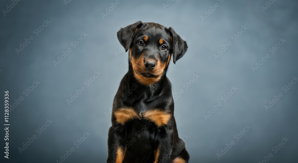 Adorable rottweiler puppy posing against minimalist gray background Adorable rottweiler puppy posing against minimalist gray background