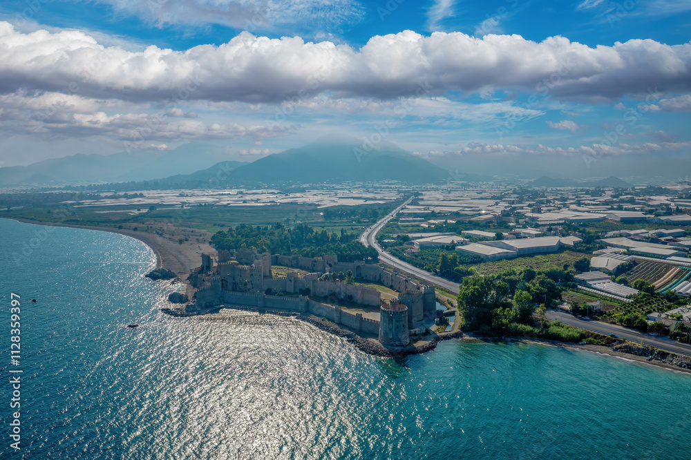 Aerial view of Mamure Castle or Anamur Castle in Mersin Province - Anamur District, Turkey