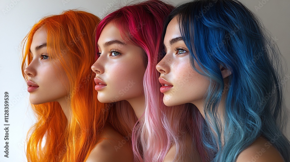 Isolated white background model long hair dyed in bright colors showcasing different hairstyles and cuts representing various races and age groups Isolated white background model long hair dyed in bright colors showcasing different hairstyles and cuts representing various races and age groups