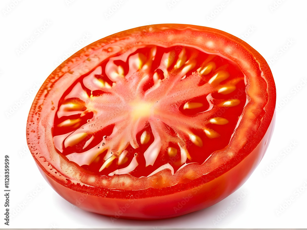 Ripe, red tomato slice, isolated on white background, perfect for fresh salads Ripe, red tomato slice, isolated on white background, perfect for fresh salads