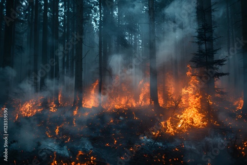 Forest Fire in Dense Woodland at Twilight - Environmental Impact and Climate Change photo