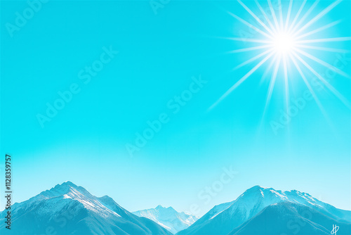 Majestic mountain peaks under a bright blue sky with sunlight. A serene and inspiring landscape for nature, travel, and adventure themes. Copy space included. photo