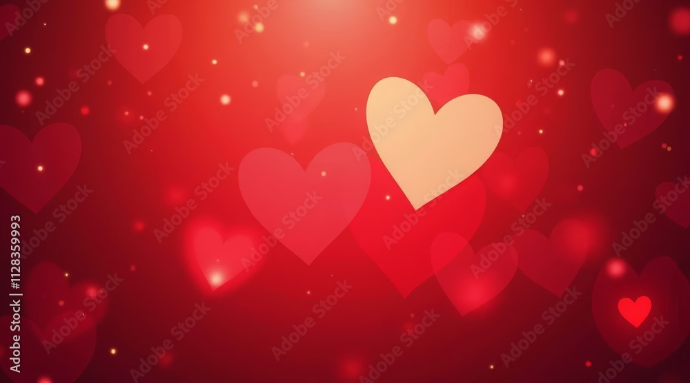 Romantic, vibrant red background with glowing heart-shaped bokeh and floating hearts Romantic, vibrant red background with glowing heart-shaped bokeh and floating hearts