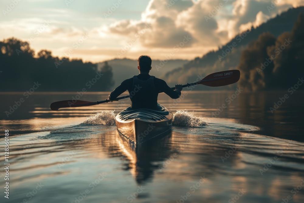 Paddler enjoys a tranquil evening kayak on a serene lake surrounded by mountains Paddler enjoys a tranquil evening kayak on a serene lake surrounded by mountains