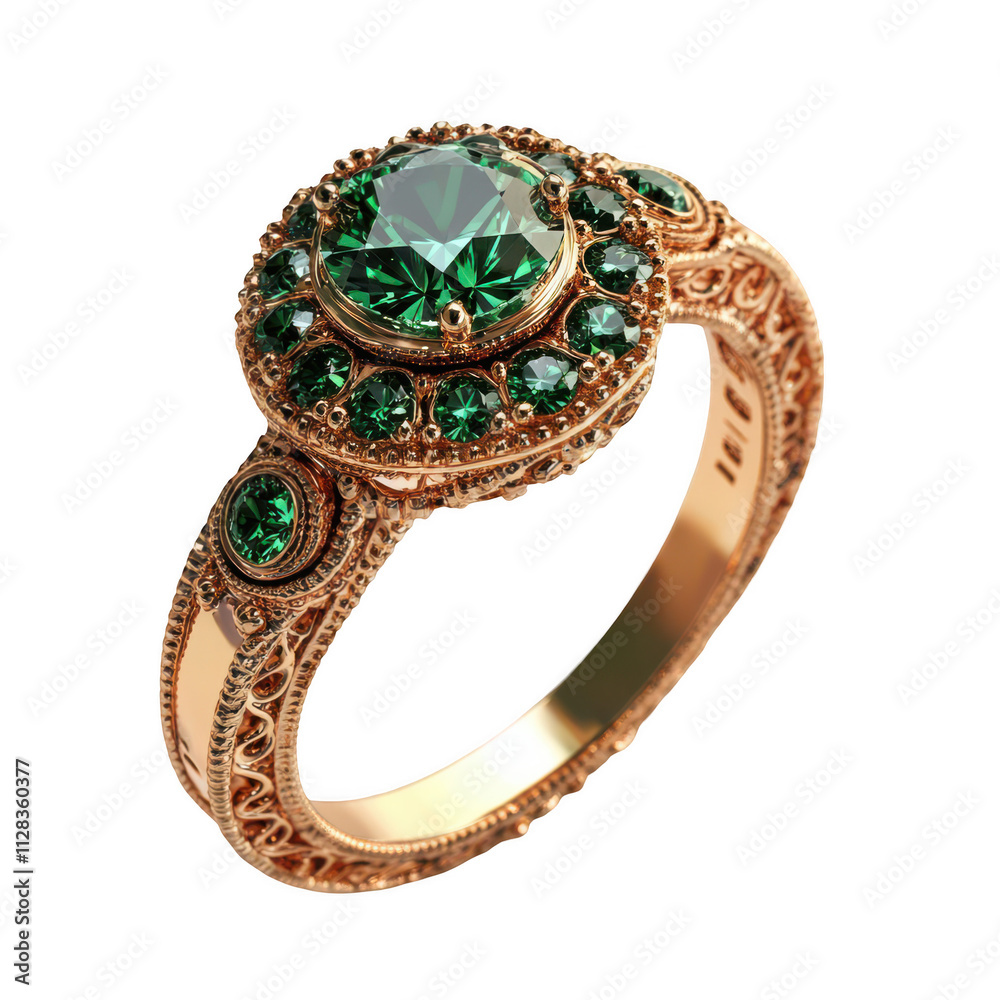 Green diamond ring with a golden filigree design on transparent background, 3d rendering Green diamond ring with a golden filigree design on transparent background, 3d rendering