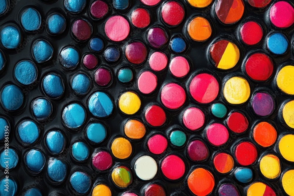 Vibrant, multicolored circles on black background; textured, abstract art. Perfect for website banners, backgrounds, or designs needing a bold, colorful feel. Vibrant, multicolored circles on black background; textured, abstract art. Perfect for website banners, backgrounds, or designs needing a bold, colorful feel.