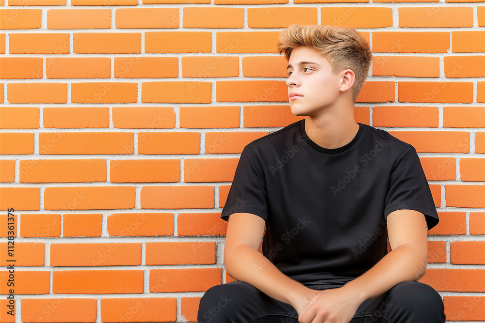 A young man in a black t-shirt sits pensively against a bright brick wall, creating a contemporary and minimalist portrait with vibrant tones. A young man in a black t-shirt sits pensively against a bright brick wall, creating a contemporary and minimalist portrait with vibrant tones.