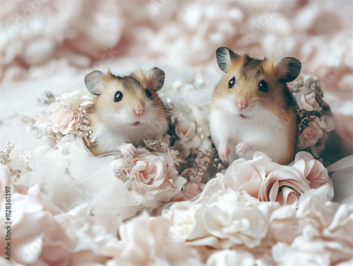 Two adorable hamsters sitting in a bed of pink and white flowers. They appear curious and peaceful, surrounded by delicate floral textures, perfect for nature and animal lovers. photo