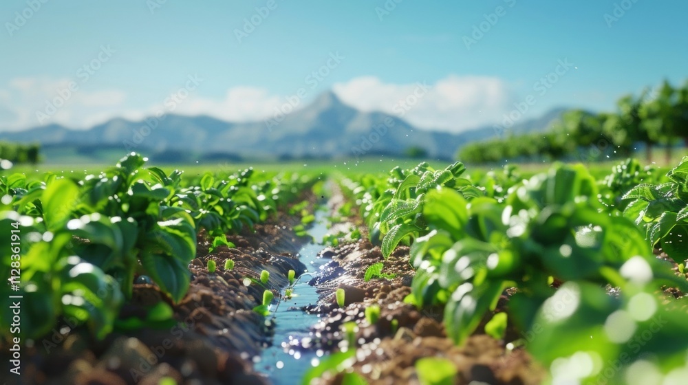 Water flows through irrigation canals in a cultivated field, nourishing rows of vibrant green crops under a clear blue sky, with a majestic mountain range in the background Water flows through irrigation canals in a cultivated field, nourishing rows of vibrant green crops under a clear blue sky, with a majestic mountain range in the background
