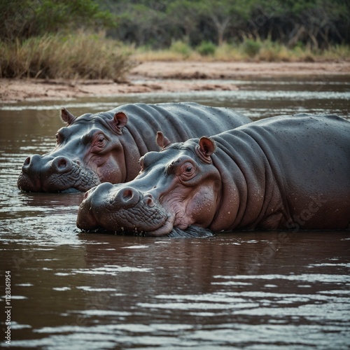 A pair of hippos wallowing in a serene African river. photo