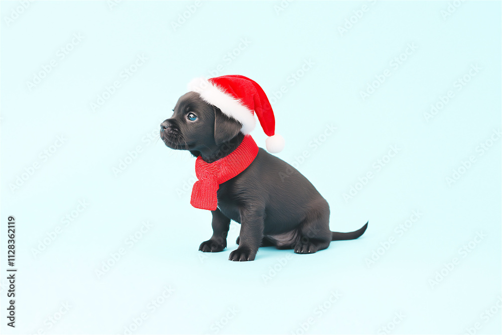 A tiny black puppy wearing a Santa hat sitting on a light blue background. The image features copy space, ideal for festive designs and Christmas-themed projects. A tiny black puppy wearing a Santa hat sitting on a light blue background. The image features copy space, ideal for festive designs and Christmas-themed projects.