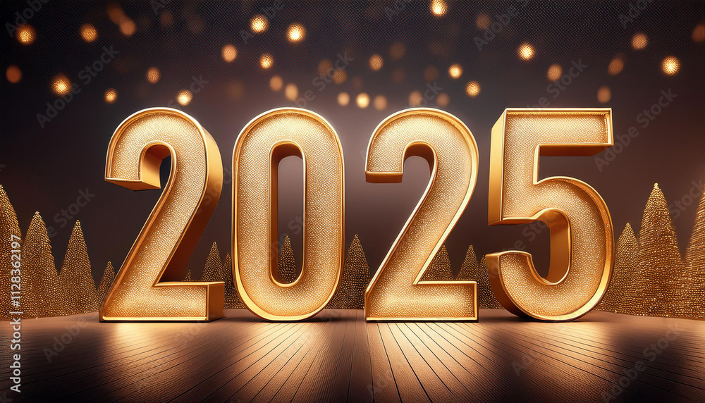 Happy New Year 2025 golden numbers on celebration background Complete with luxurious Happy New Year 2025 golden numbers on celebration background Complete with luxurious