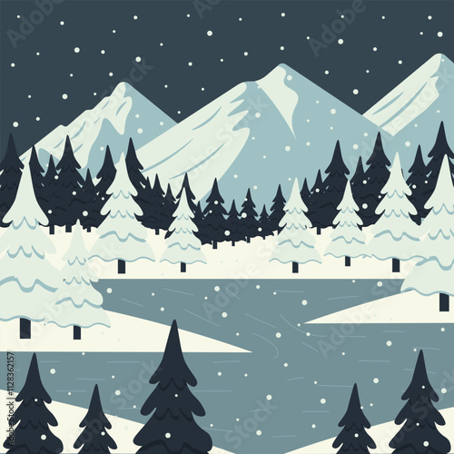 Winter mountain landscape with lake and forest. Vector illustration