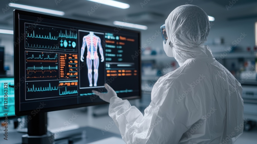 Medical research in a lab scientist monitoring patient data on screen high-tech environment professional viewpoint health concept Medical research in a lab scientist monitoring patient data on screen high-tech environment professional viewpoint health concept