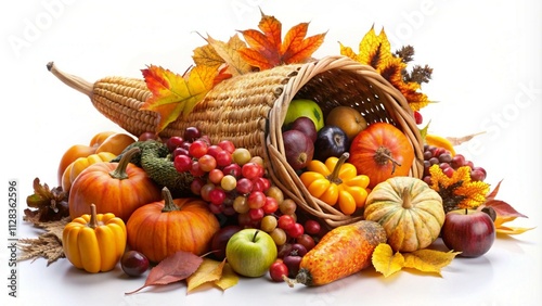 Autumn cornucopia filled with pumpkins, gourds, apples, and fall leaves on a white background.