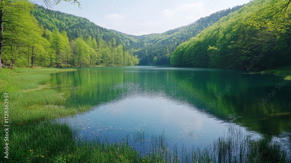 Naklejka premium Serene lake nestled in lush green forest. Ideal for nature, tranquility, and travel themes.