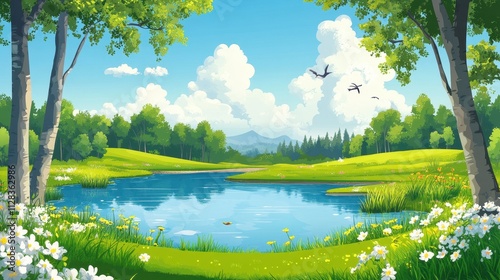 Serene lake scene, lush greenery, blooming flowers, and blue skies. Ideal for nature, travel, and peaceful concepts.