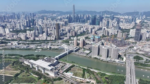 Aerial skyview of Lok Ma Chau Loop showcasing the Hong Kong-Shenzhen Innovation and Technology Park redevelopment near Huanggang Port and the Greater Bay Area economic growth  photo