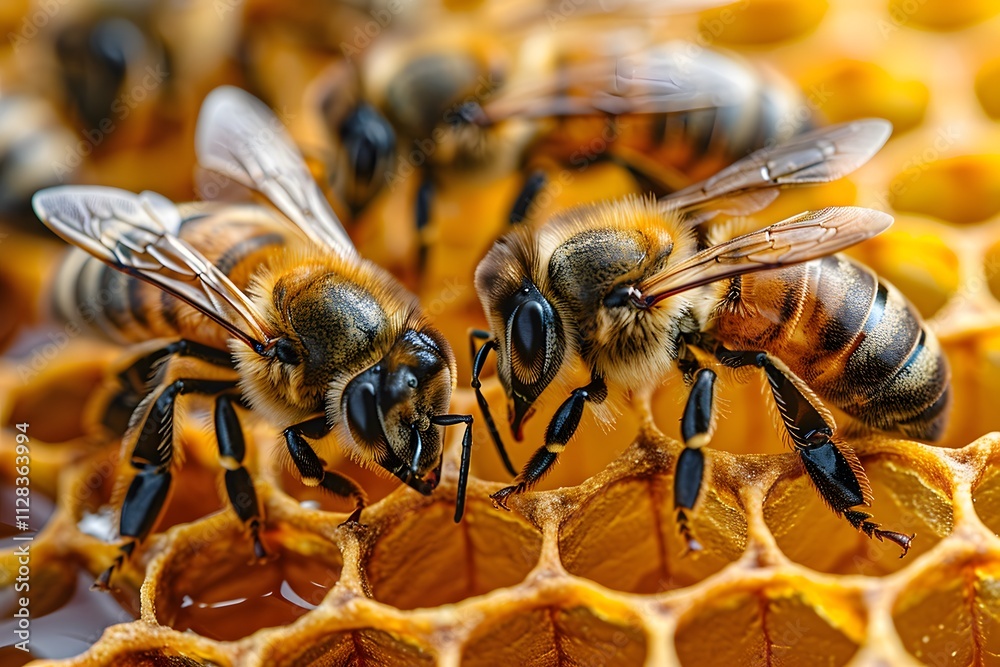 Close-Up of Honeybees on Honeycomb: Teamwork and Natural Beauty in Beekeeping Close-Up of Honeybees on Honeycomb: Teamwork and Natural Beauty in Beekeeping