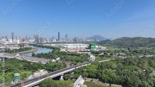 Aerial skyview of Lok Ma Chau Loop showcasing the Hong Kong-Shenzhen Innovation and Technology Park redevelopment near Huanggang Port and the Greater Bay Area economic growth  photo