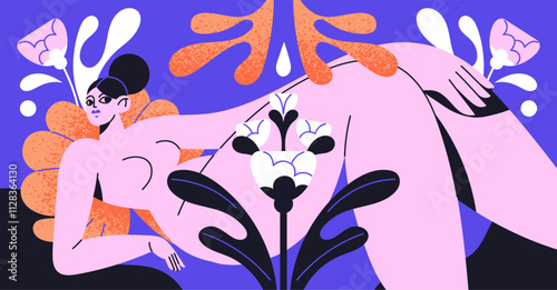 Silhouette of naked woman on Matisse art. Tender Female figure lying on abstract flowers among floral shapes, leaf forms. Contemporary artwork of sensuality with plants. Flat vector illustration