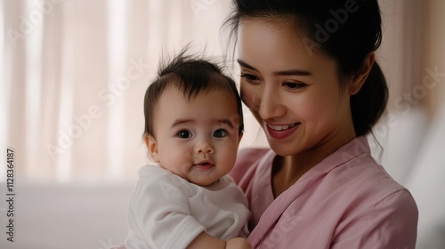 Joyful mother and baby bonding moment at home family lifestyle photography warm indoor setting heartfelt connection