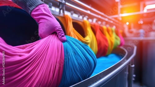 Dyeing process in textile industry factory setting colorful fabrics industrial environment close-up view textile production concept